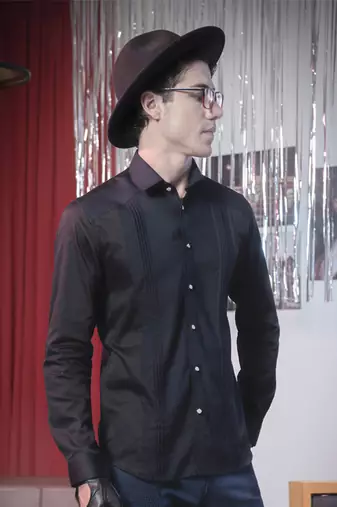 Black plain cotton men's shirt with fancy buttons and angled cuffs