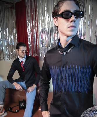 Black plain cotton men's shirt with bright blue Lines 4