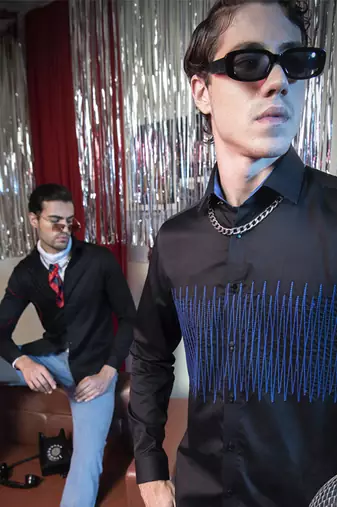 Black plain cotton men's shirt with bright blue Lines