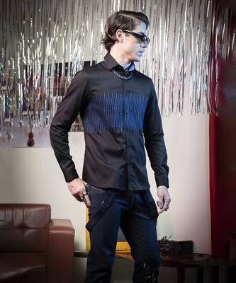 Black plain cotton men's shirt with bright blue Lines 5