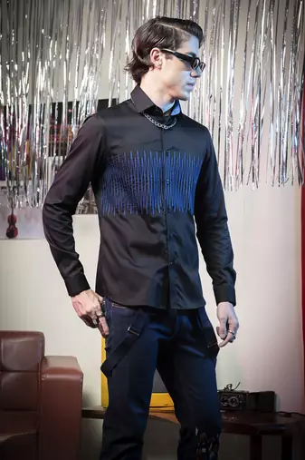 Black plain cotton men's shirt with bright blue Lines