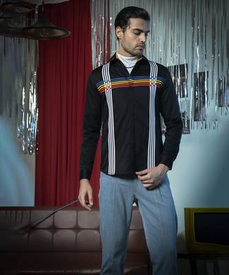 Black printed cotton men's shirt featuring vertical white patch lines 1