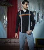 Black printed cotton men's shirt featuring vertical white patch lines