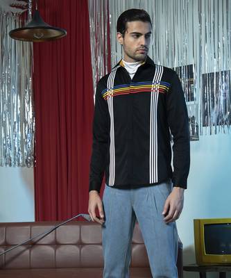 Black printed cotton men's shirt featuring vertical white patch lines 2