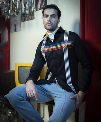 Black printed cotton men's shirt featuring vertical white patch lines 4