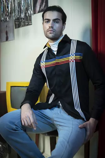 Black printed cotton men's shirt featuring vertical white patch lines
