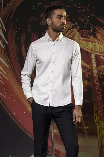 White plain cotton men's shirt with creative curved style
