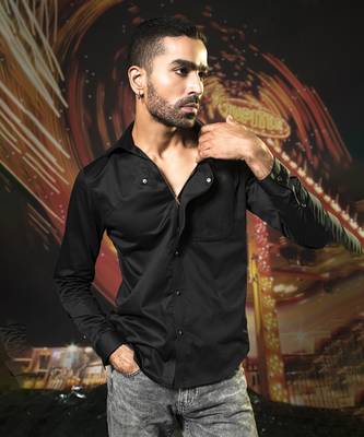 Black plain cotton men's urban chic classic shirt 4