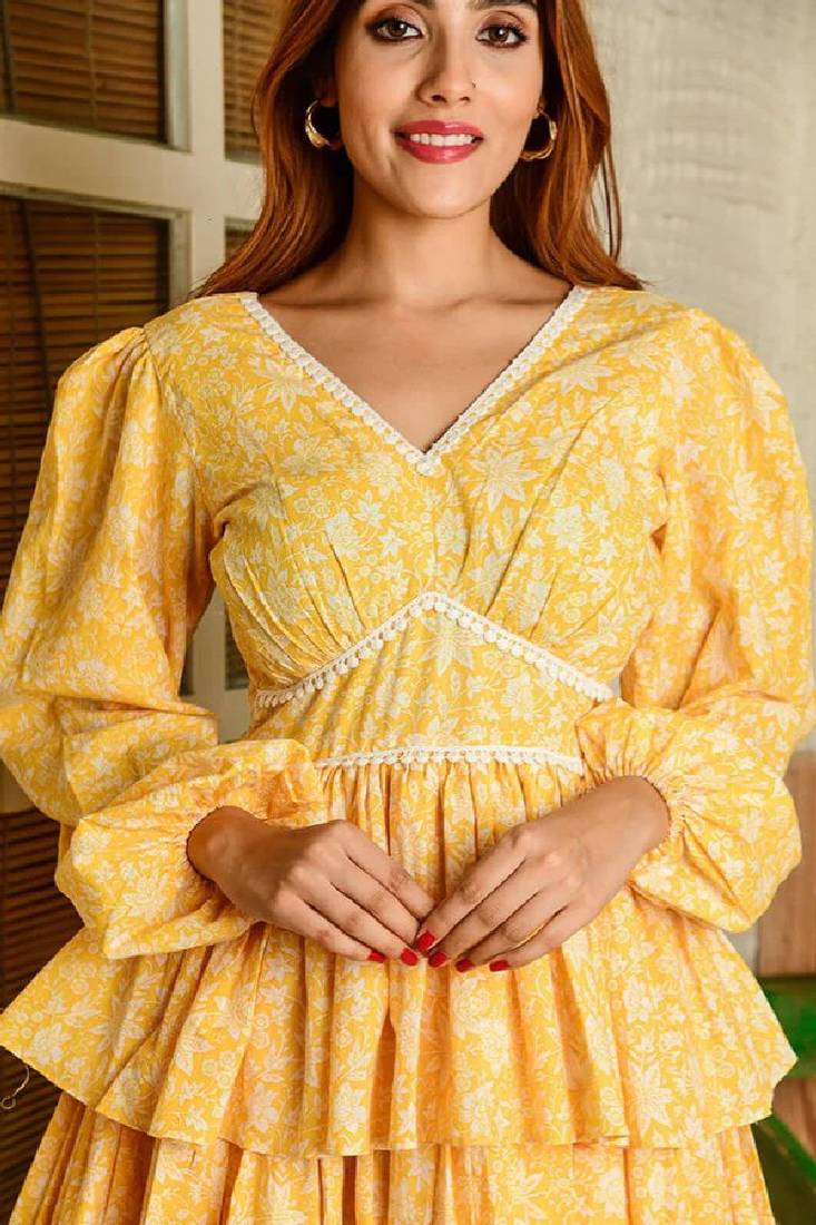 Yellow cotton  short printed yellow dress