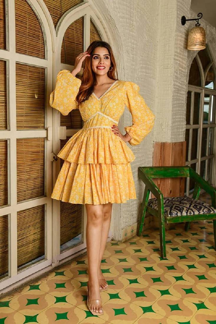 Yellow cotton  short printed yellow dress