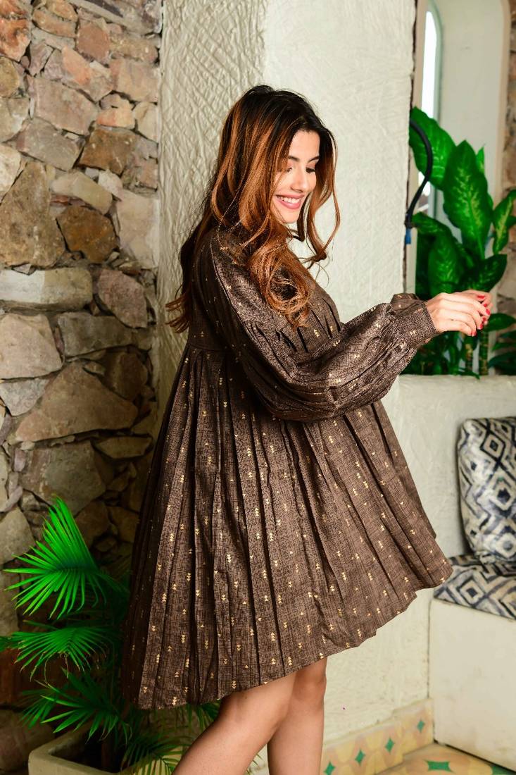 Brown viscose rayon printed brown shirt dress