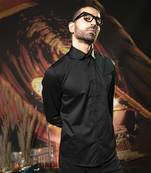 Black plain cotton men's shirt with heart-shaped patch