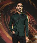 Green plain cotton men's shirt with patch of snake print