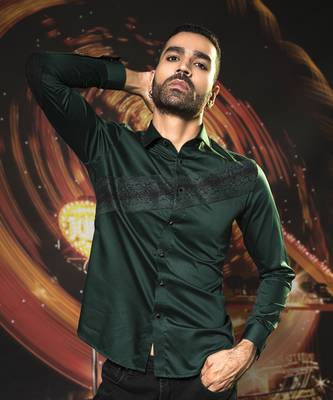 Green plain cotton men's shirt with patch of snake print 4