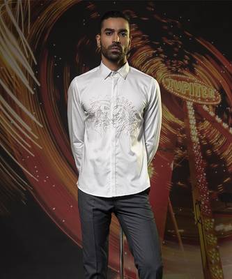 White printed cotton men's shirt with art work design 4