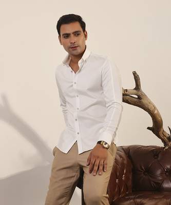 White plain cotton men's shirt designed with pintucks 1