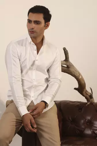 White plain cotton men's shirt designed with pintucks