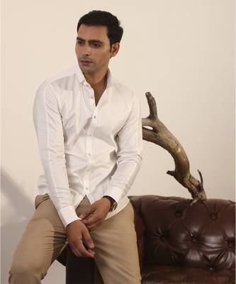 White plain cotton men's shirt designed with pintucks 3