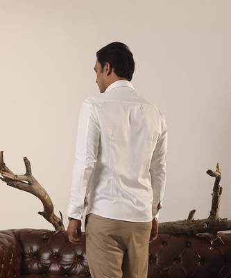 White plain cotton men's shirt designed with pintucks 4