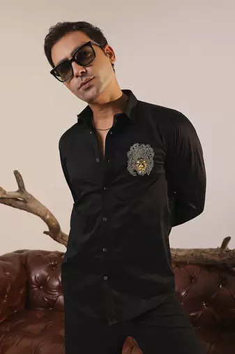 Black plain cotton men's shirt crafted with zari threads