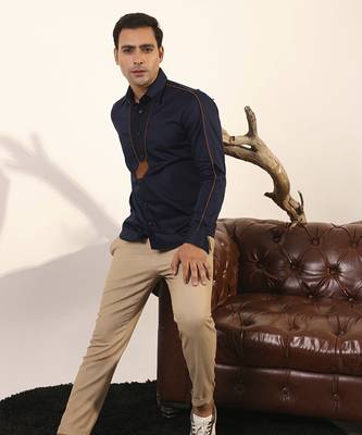Dark blue plain cotton men's shirt 4