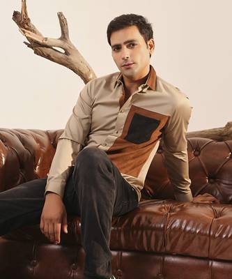 Brown plain cotton men's shirt with color blocks 1