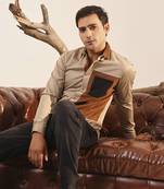 Brown plain cotton men's shirt with color blocks