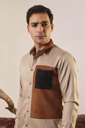 Brown plain cotton men's shirt with color blocks