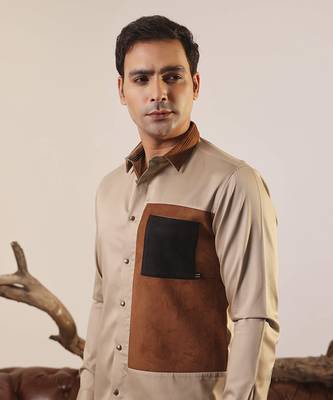 Brown plain cotton men's shirt with color blocks 3