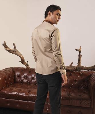 Brown plain cotton men's shirt with color blocks 4