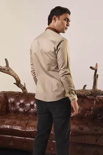 Brown plain cotton men's shirt with color blocks