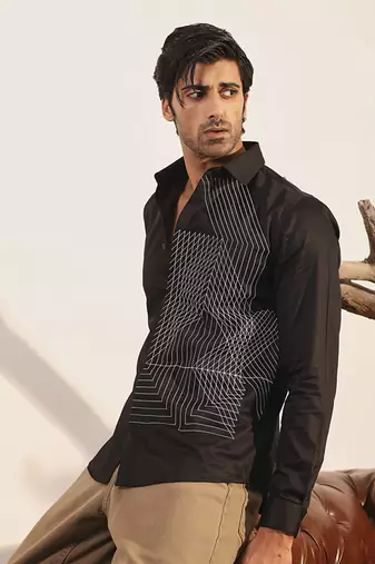 Black printed cotton men's shirt with intersecting patterns