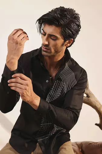 Black printed cotton men's shirt with intersecting patterns