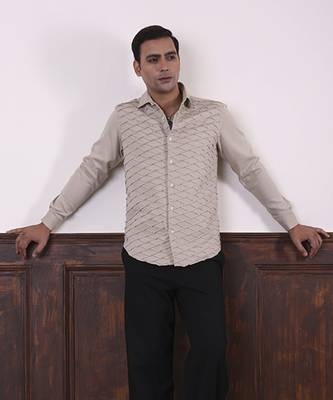 Beige plain viscose men's shirt created by multiple geometric stitches 1