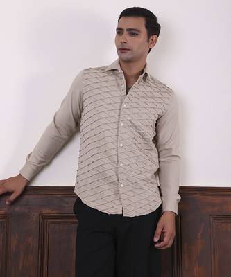 Beige plain viscose men's shirt created by multiple geometric stitches 2