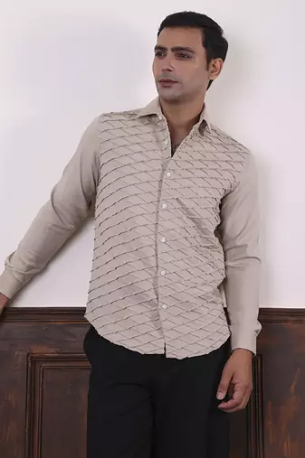 Beige plain viscose men's shirt created by multiple geometric stitches