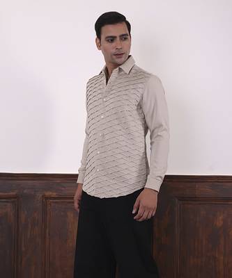 Beige plain viscose men's shirt created by multiple geometric stitches 4