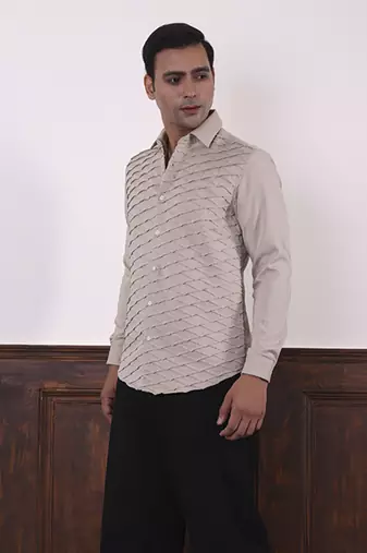 Beige plain viscose men's shirt created by multiple geometric stitches