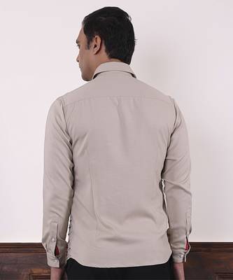 Beige plain viscose men's shirt created by multiple geometric stitches 5