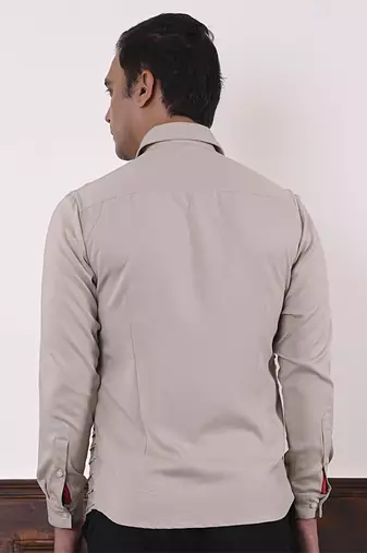Beige plain viscose men's shirt created by multiple geometric stitches