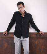 Black plain viscose men's shirt featuring intricate square tucks