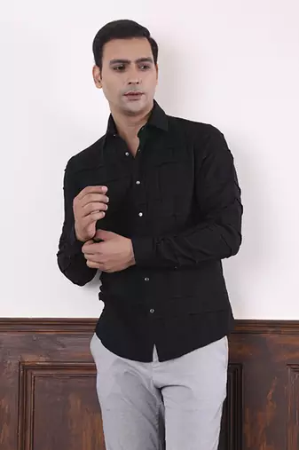 Black plain viscose men's shirt featuring intricate square tucks