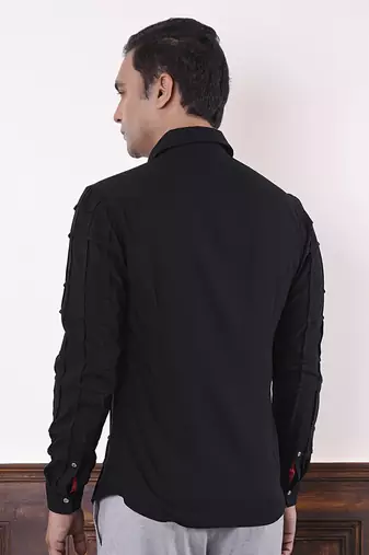 Black plain viscose men's shirt featuring intricate square tucks