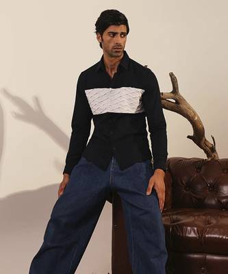Navy blue plain viscose men's shirt with horizontal panels 1