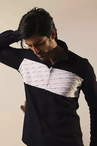 Navy blue plain viscose men's shirt with horizontal panels