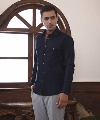 Navy Blue plain cotton men's shirt with illusory pockets 1