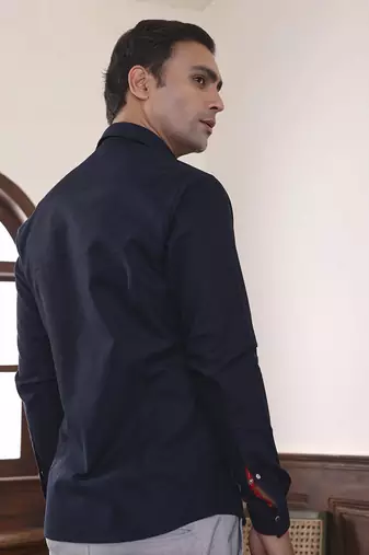 Navy Blue plain cotton men's shirt with illusory pockets