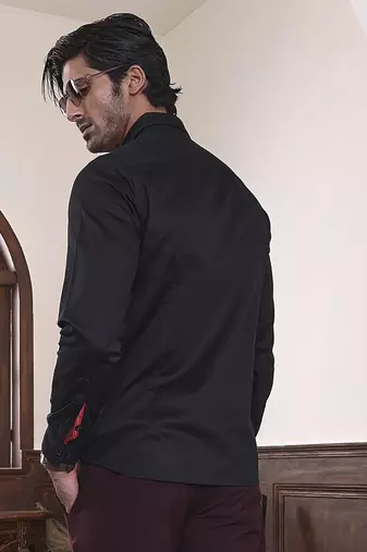 Black plain cotton men's shirt with parallel lines of colors