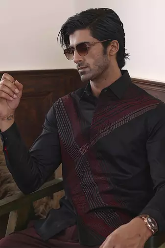 Black plain cotton men's shirt with parallel lines of colors