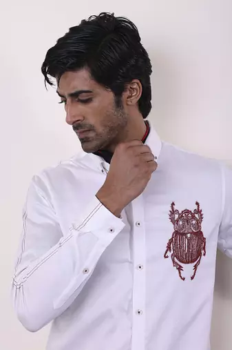 White plain cotton men's shirt with intricate artistry